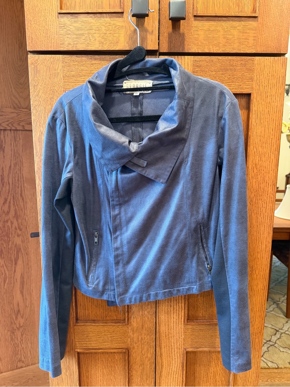 Georgie Navy Blue Faux Leather Moto Jacket. Asymmetric Collar